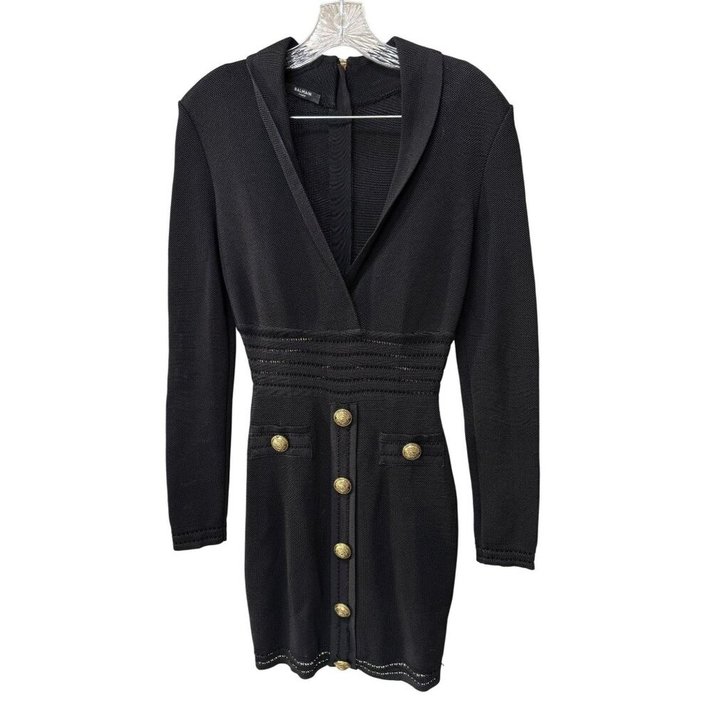 Balmain Paris Black Knit Long-Sleeve Mini Dress With Gold Button Details & Back